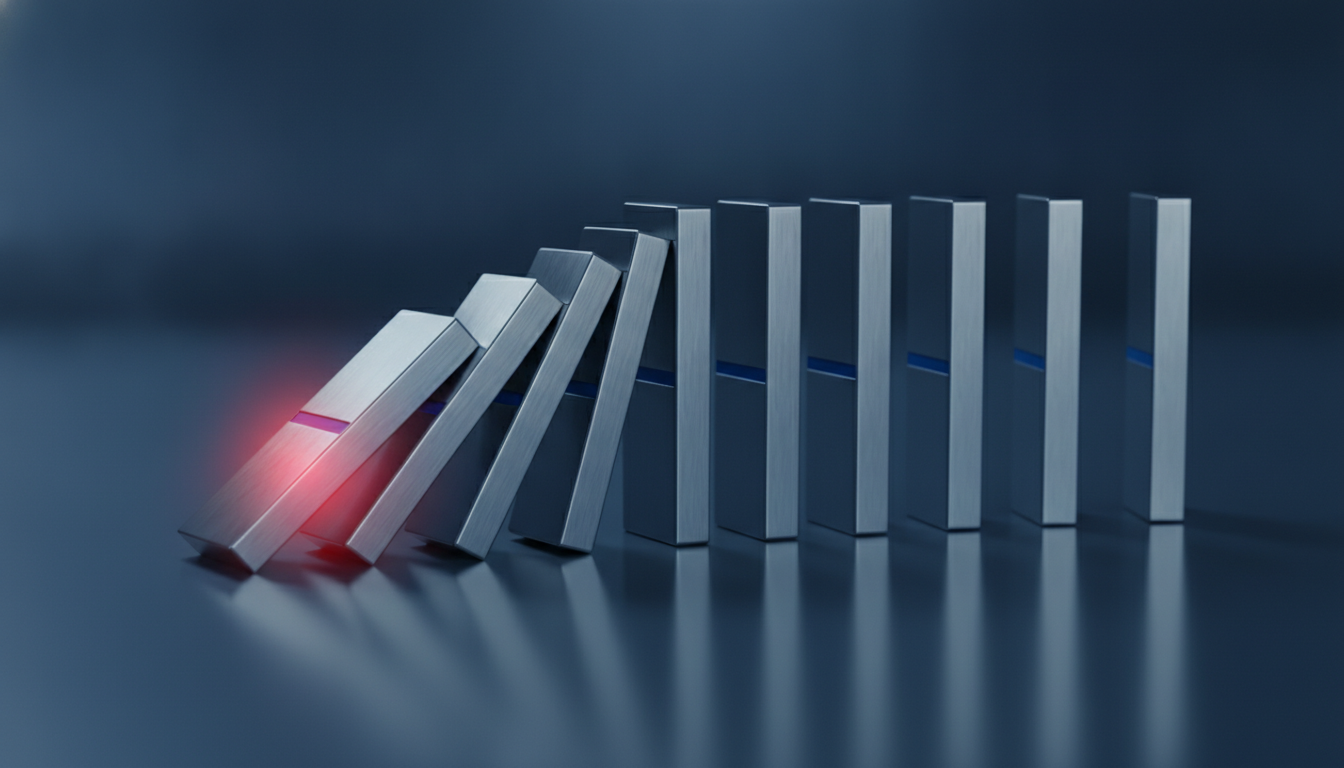 3D of a falling domino chain on a dark, reflective surface. The dominos…