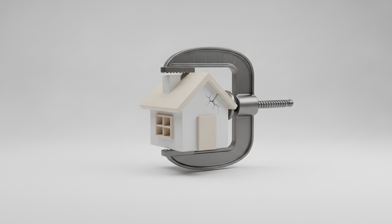 3D illustration of a small, stylized residential house model being…