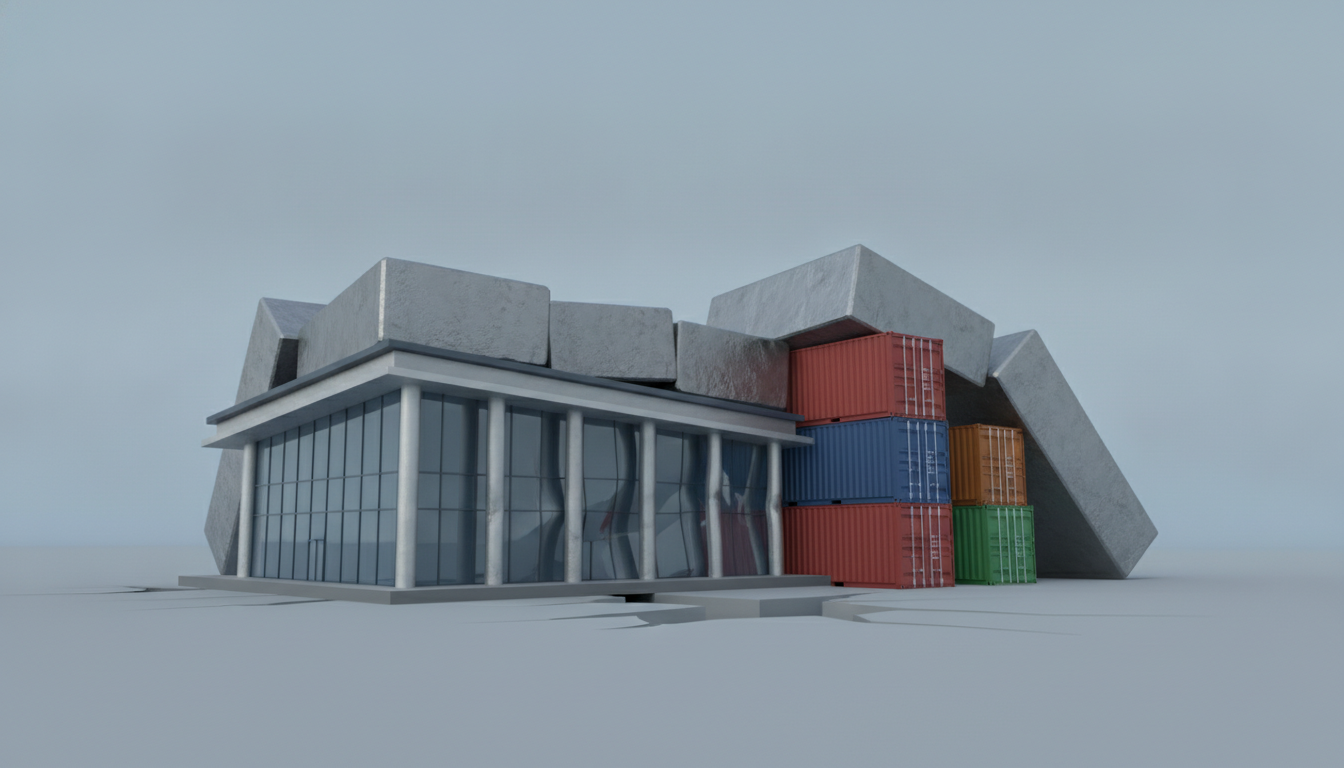 A clean, minimalistic, text-free 3D rendering of a modern factory and shipping containers being heavily...