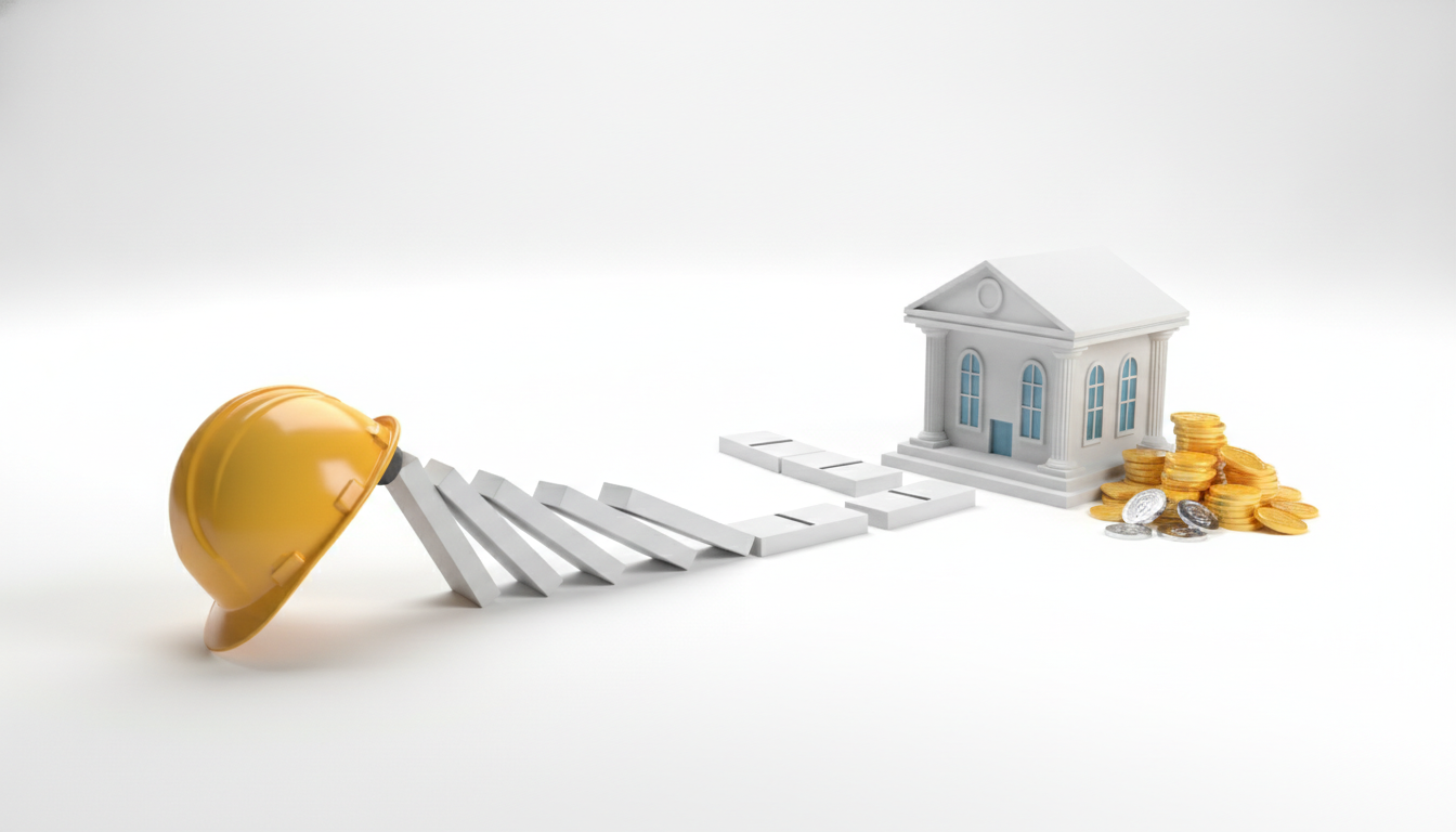 A conceptual 3D illustration of falling dominoes. The first domino is…