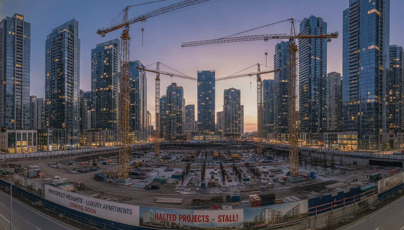 Empty construction site with idle tower cranes in a modern city, representing halted housing projects